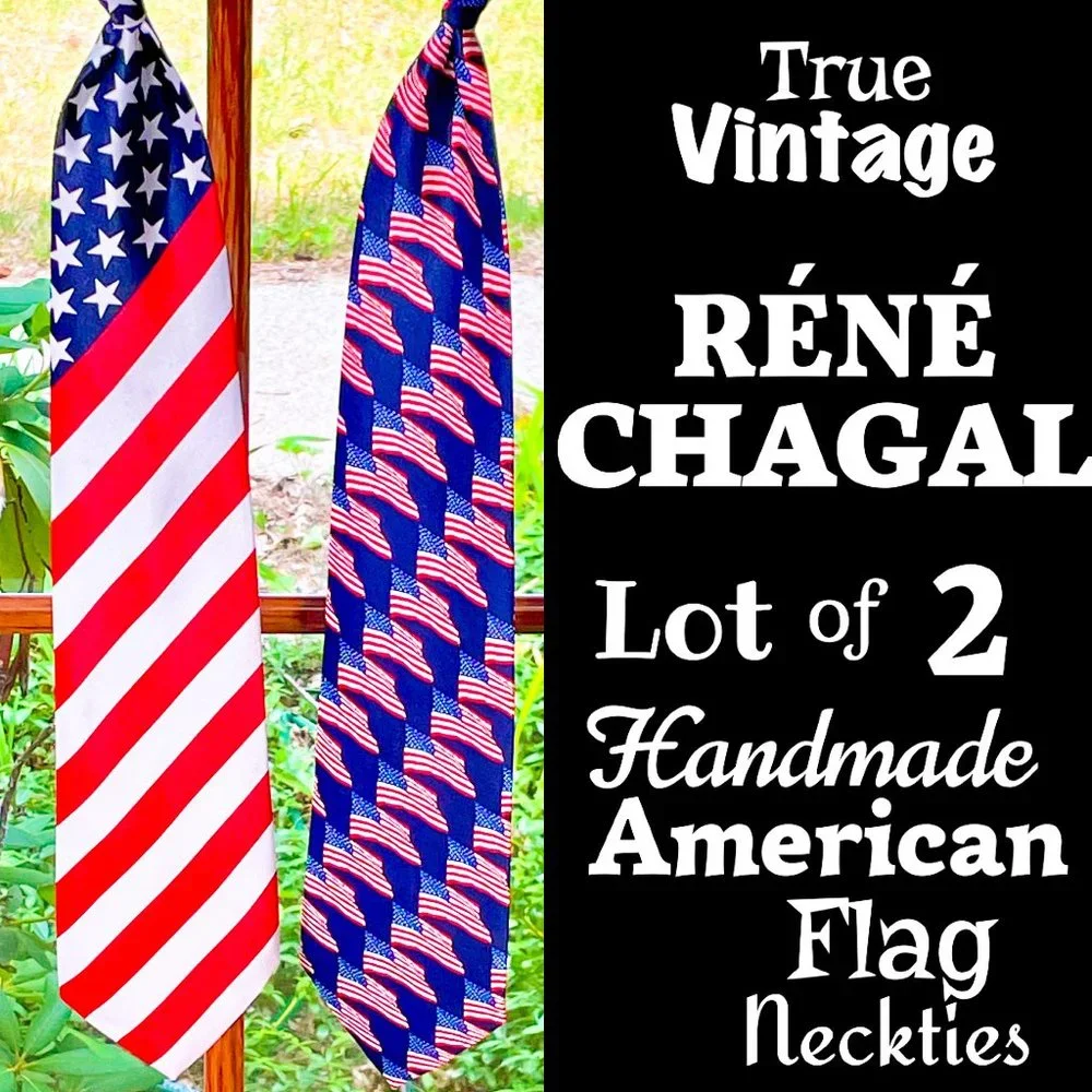 ⭐️HP⭐️VTG▪️RENE CHAGAL▪️Lot of 2 Handmade Patriotic American Flag Neckties
